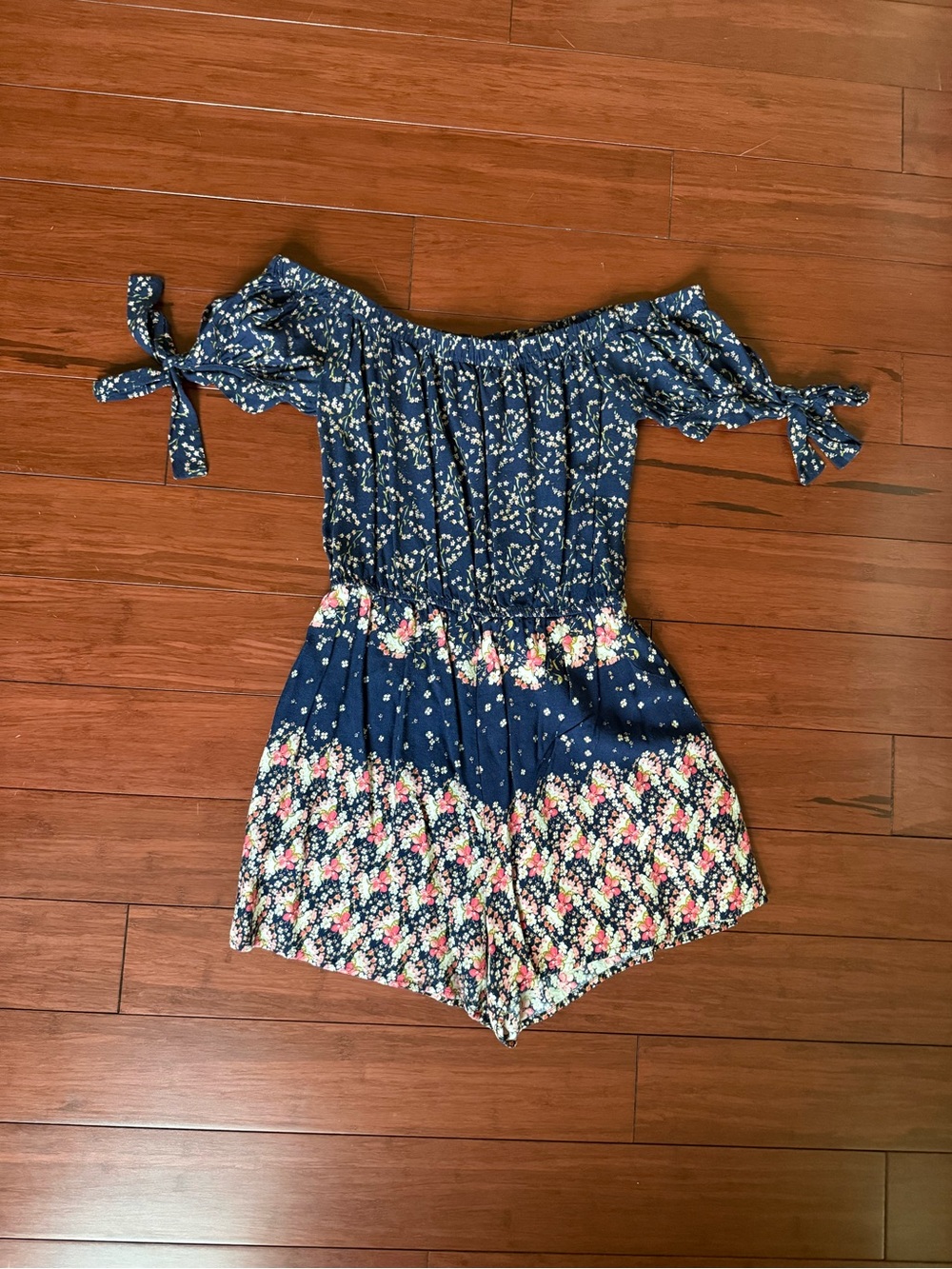Blue Rain Navy Floral Off-Shoulder Romper with Tie Sleeves